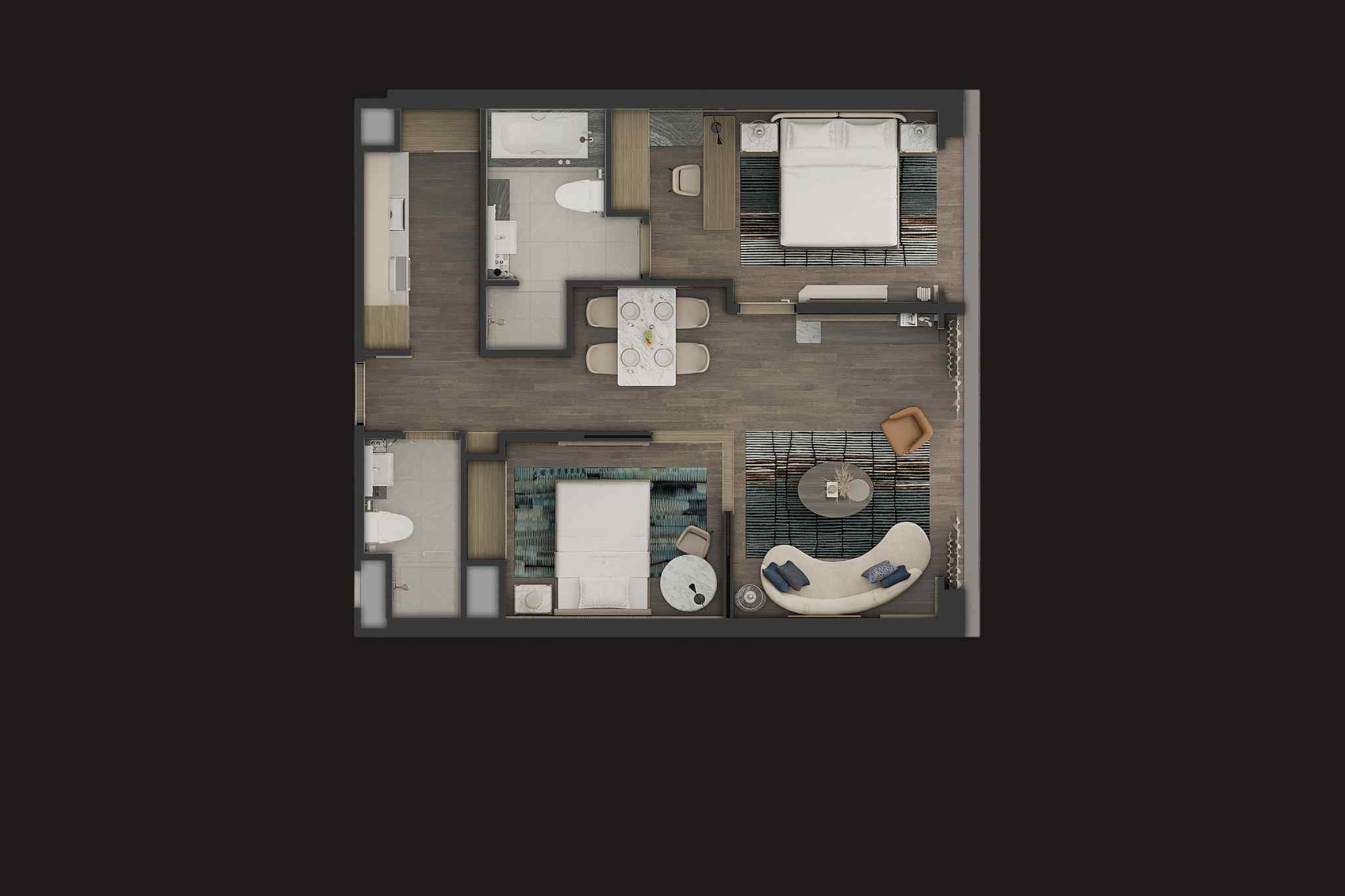 Layout căn 2 Bedroom | 2 Phòng Ngủ tại M Landmark Residences