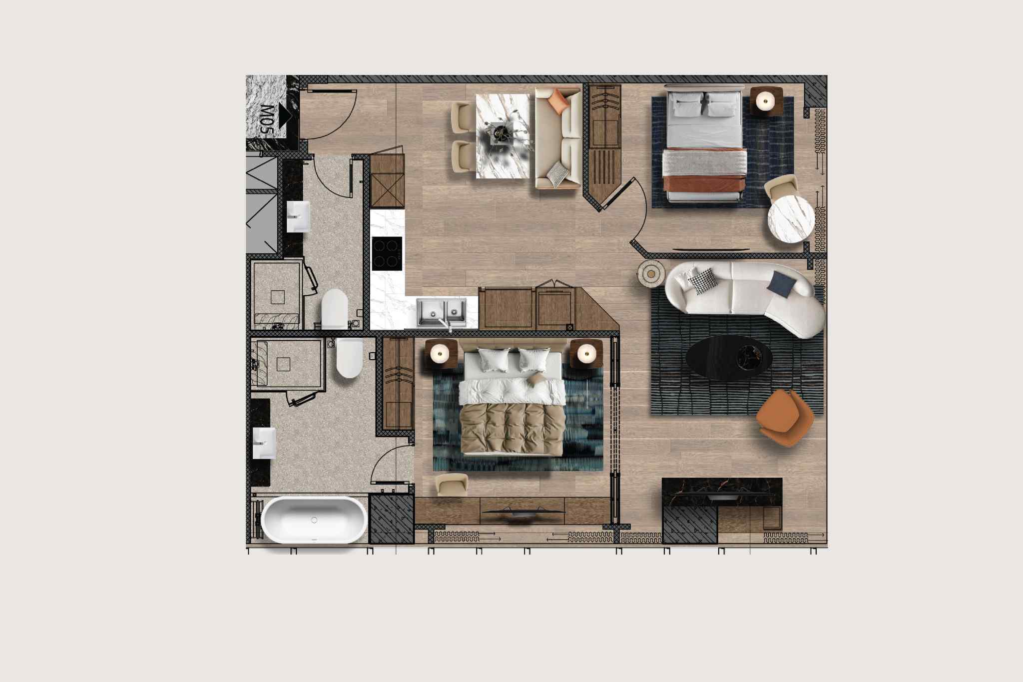 Layout căn Góc 2 Bedroom | 2 Phòng Ngủ tại M Landmark Residences